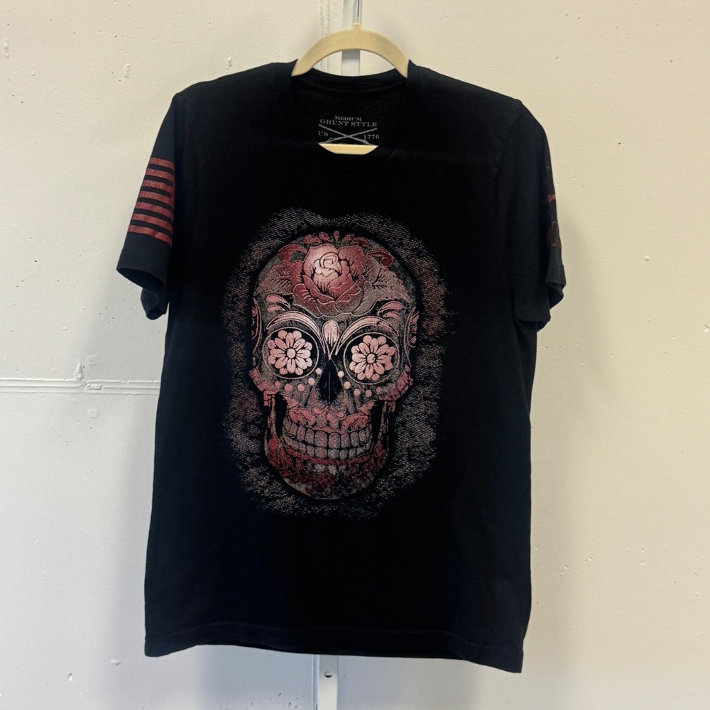 Grunt Style Mens Sugar Skull Graphic T-Shirt Medium Rose Floral Logo GS